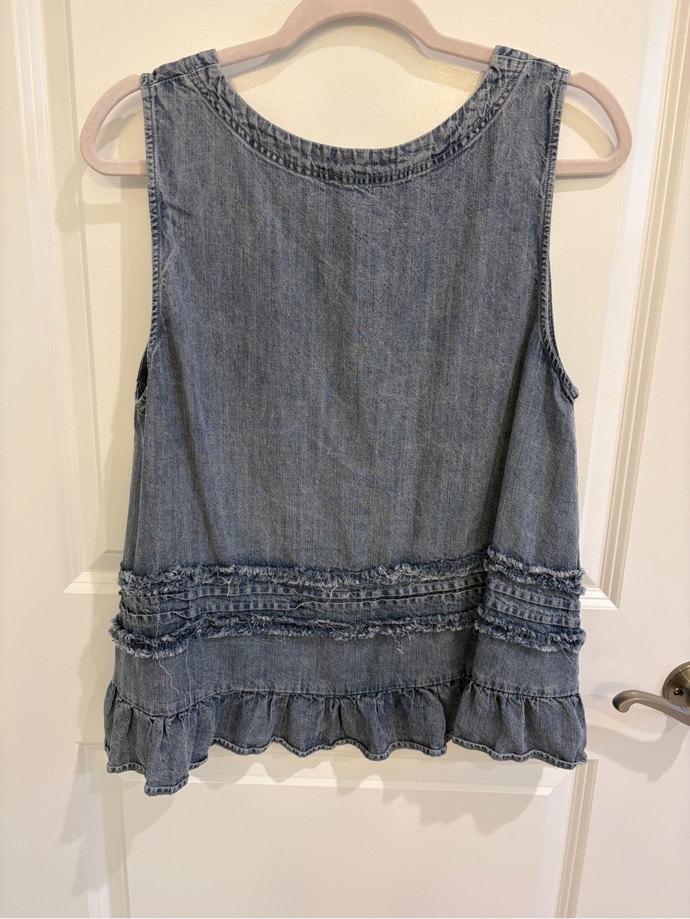 Vine & Love Washed Denim Ruffle-Hem Tank Top - Light Blue